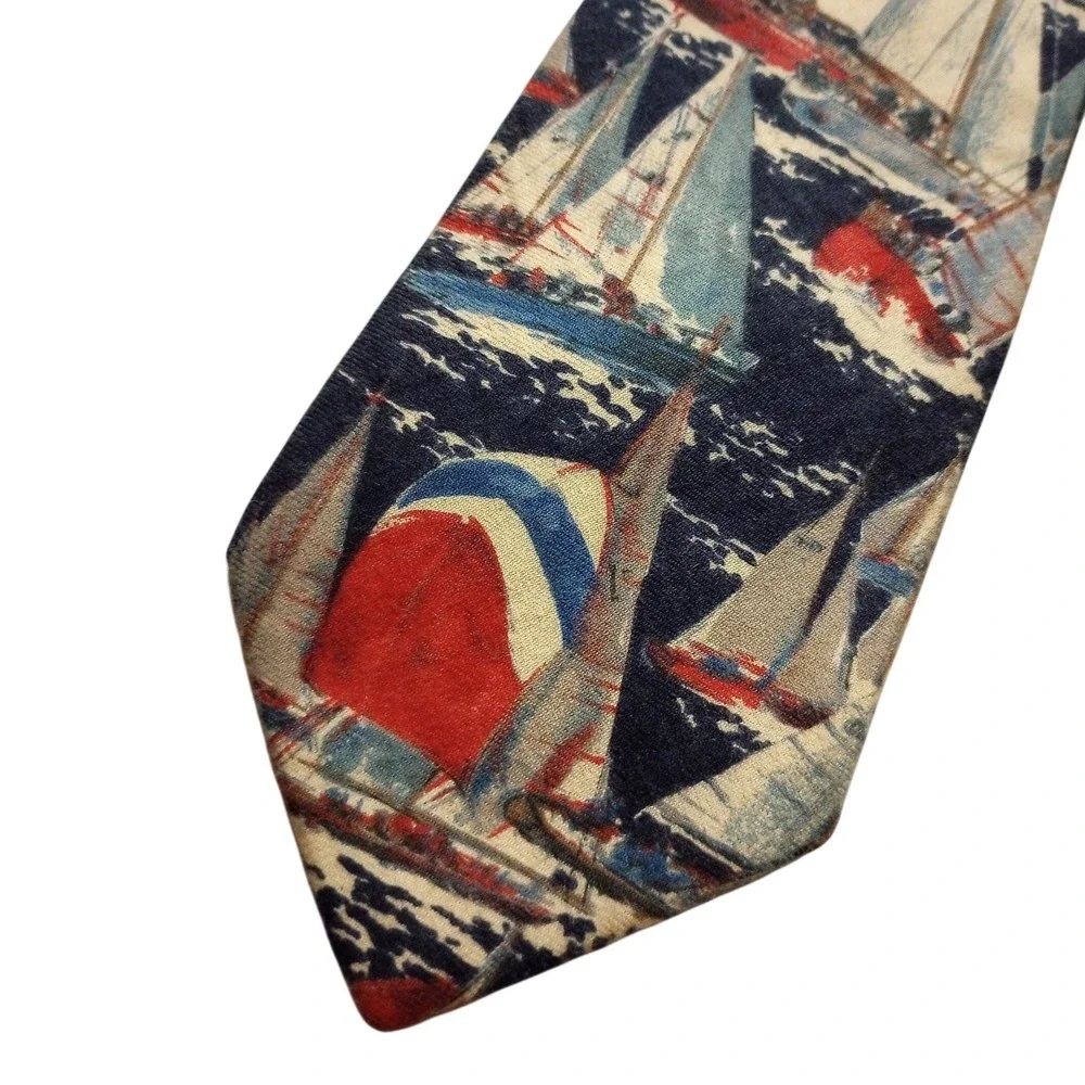 Lands End Mens Sailboat Regatta Print Cotton Tie Navy Red White Handsewn USA
